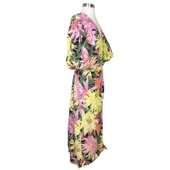 H&M Puff Sleeved Wrap Dress Green/Floral Bright Tropical XXL - Picture 4 of 7